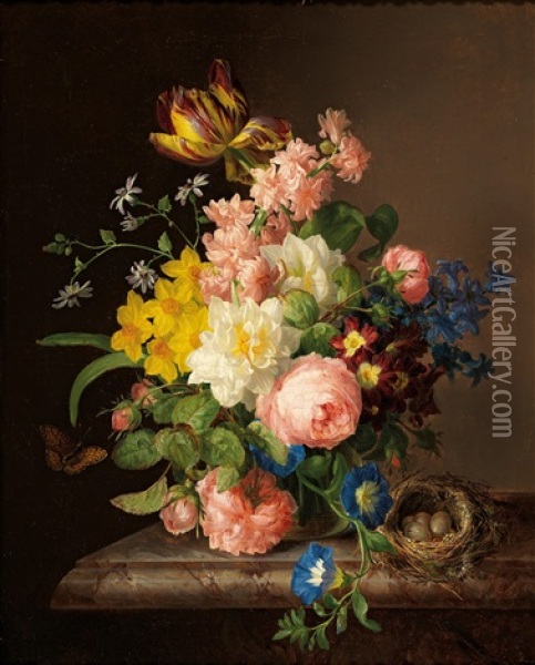 Bouquet Of Flowers In A Vase With Bird
