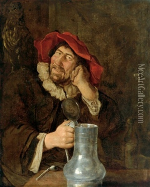 Ein Frohlicher Trinker, Links Oben Eine Eule Als Symbol Der Weisheit - Ein Moralisierender Hinweis Auf Das Torichte Handeln Des Trinkers Oil Painting - Frans Hals