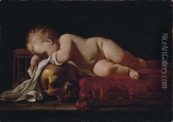 A Vanitas Still-life With A Baby On A Red Velvet Cushion Resting On A Skull Oil Painting - Luigi Miradori