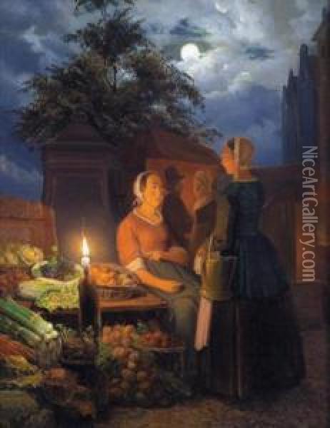 Vegetable Seller In The Moonlight Oil Painting - Pieter Gerardus Sjamaar