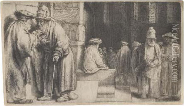 Jews In The Synagogue. Oil Painting - Rembrandt Van Rijn