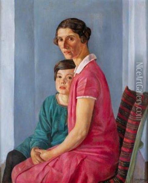 Retrato De La Esposa Del Pintor Y Su Hija Oil Painting - Jose Sanz Y Arizmende