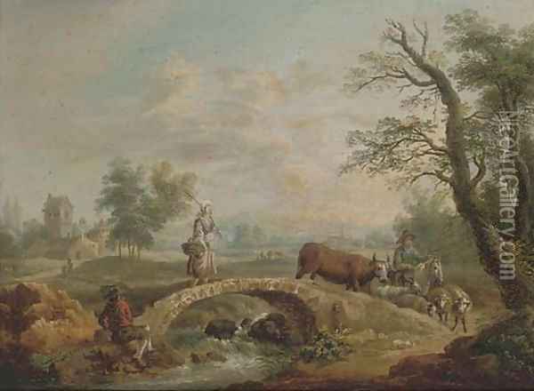 A river landscape with a shepherd and shepherdess crossing a bridge Oil Painting - French School