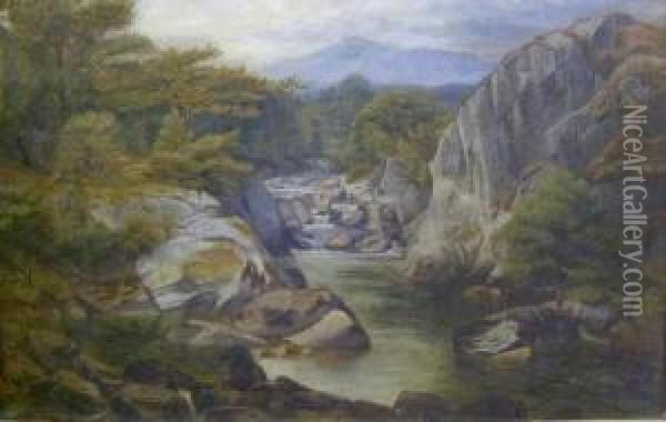 Anglers On A Welsh River Oil Painting - John Wright Oakes
