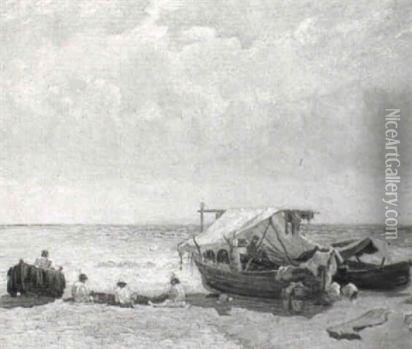 Fisherfolk On The Beach Oil Painting - Edoardo Gioja