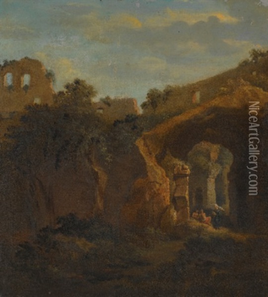 The Interior Of The Colosseum With Figures Resting Under An Archway Oil Painting - Jan Frans van Bloemen