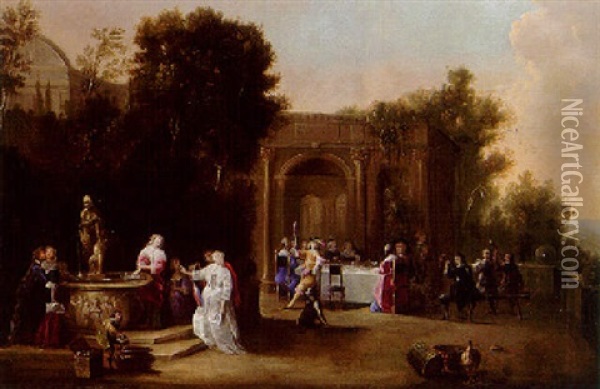 Elegant Company Merrymaking On A Terrace With Musicians And Lovers By A Fountain Oil Painting - Christoffel Jacobsz. Van Der Lamen