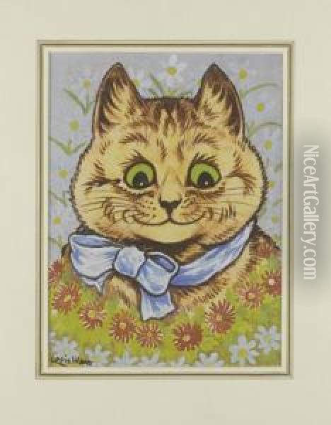 Happy Flower Cat Oil Painting - Louis William Wain