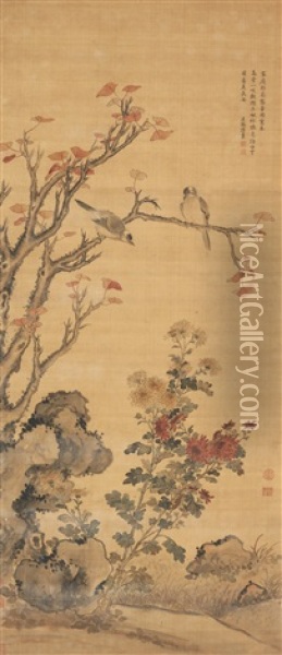 Birds On A Maple Tree Oil Painting -  Jiang Tingxi