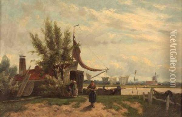 Dutch River Scene With Figures And Windmill In Distance Oil Painting - Johannes Hermann Barend Koekkoek