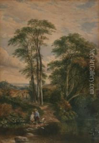 Figures By Stepping Stones Within A River Landscape Oil Painting - Henry Jutsum