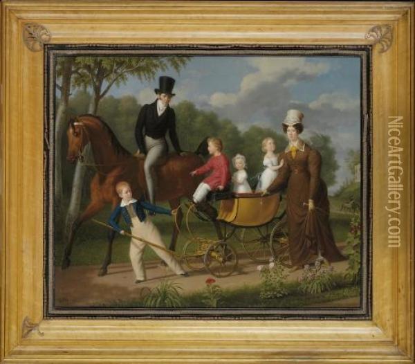 Portrait Of A Gentleman On Horseback, Said To Be The Russian Architect Voronikhin In The Grounds Of Pavlosk Palace, With His Wife And Children Oil Painting - Anthelme-Francois Lagrenee