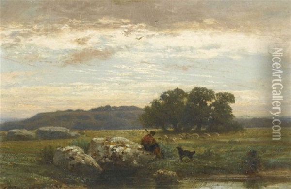 Abendliche Landschaft Mit Einem Schafer Oil Painting - Charles Emile Jacque