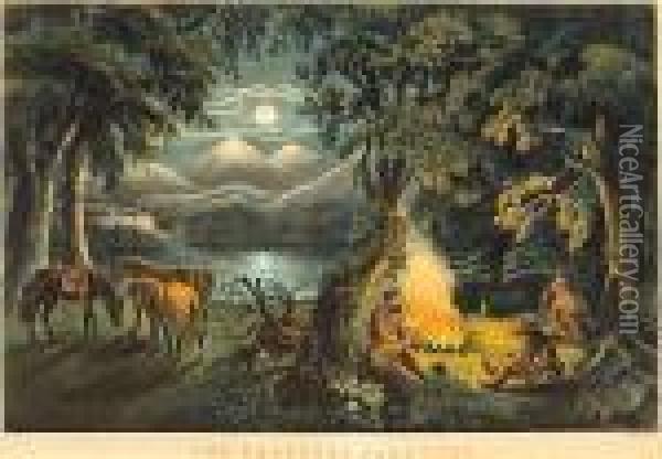 The Trappers Camp-fire Oil Painting - Currier & Ives Publishers