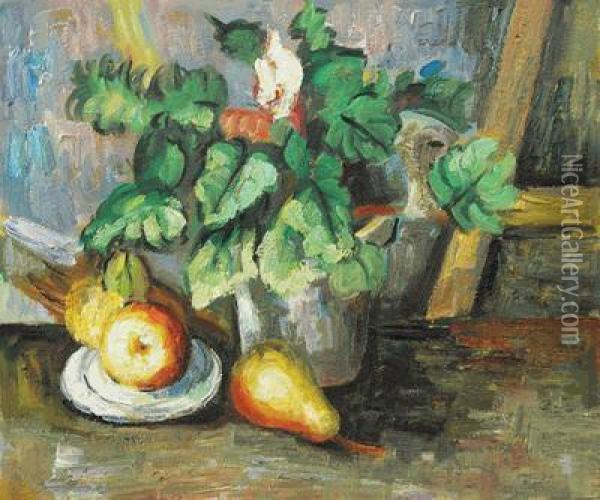 Plate With Fruit And Earthenware Oil Painting - Paul Cezanne