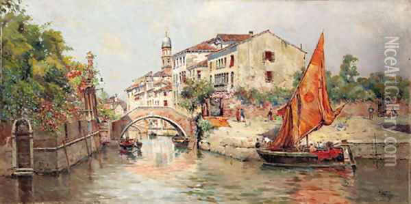 A Venetian Canal Oil Painting - Antonio Maria de Reyna