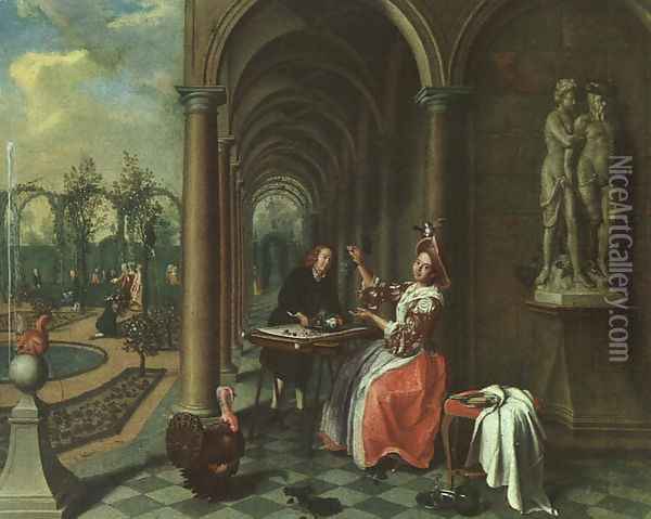 Garden with Figures on a Terrace 1735 Oil Painting - Jan Josef, the Elder Horemans
