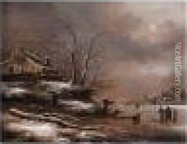 Winter Scene With Figures Beside A Frozen River Oil Painting - Claes Molenaar (see Molenaer)