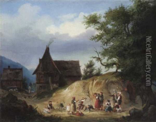Spielende Kinder Am Rande Eines Dorfes Oil Painting - Bernhard Muehlig
