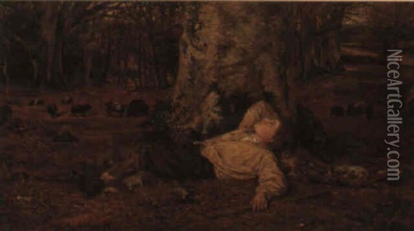 A Swineherd Oil Painting - John Emms
