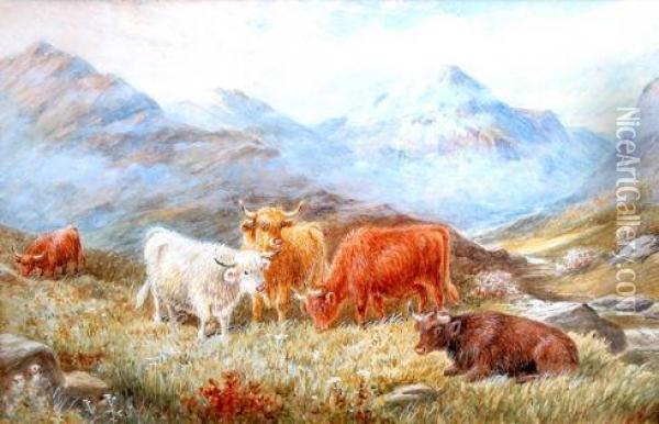 Highland Cattle In The Highlands Oil Painting - Charles S. Graham