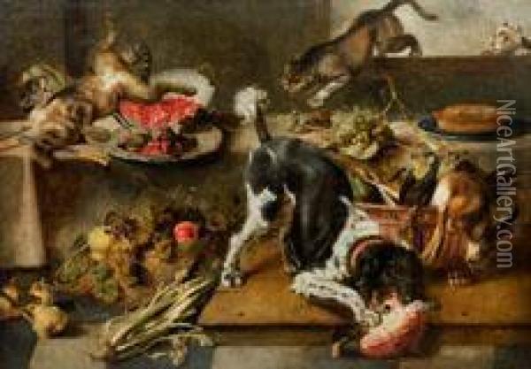Balgende Katzen Und Hundin Einer Vorratskammer Oil Painting - Paul de Vos