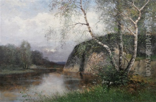 Landskap Med Vattendrag Oil Painting - Johan Severin Nilsson