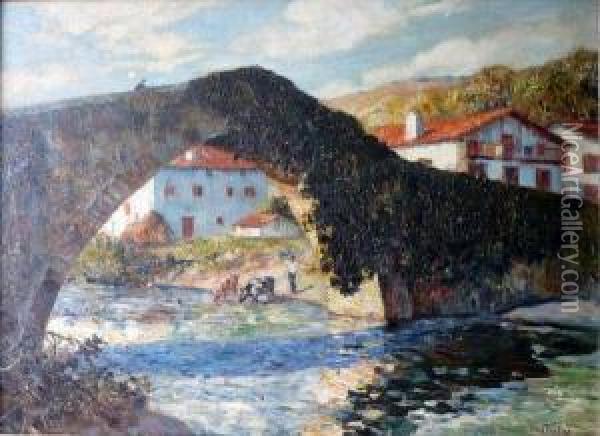 Halte Du Bouvier Au Pont De Baigory Oil Painting - Louis Floutier