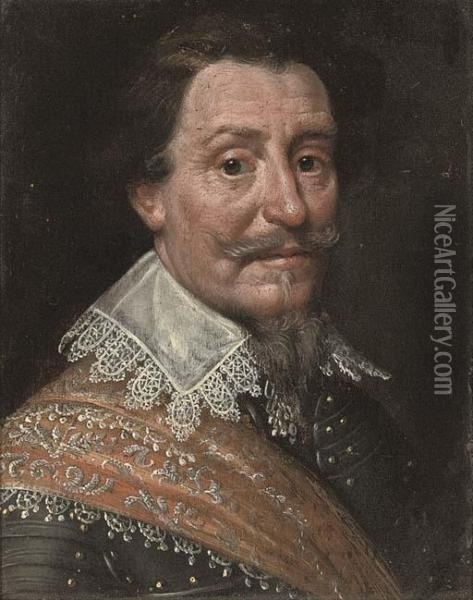 Portrait Of A Gentleman, Bust-length, In Armour, With A Lace Collar And Red Sash Oil Painting - Michiel Jansz. Van Miereveldt