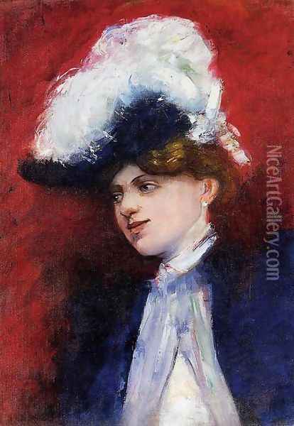Beautiful Woman with Feathered Hat Oil Painting - Lesser Ury
