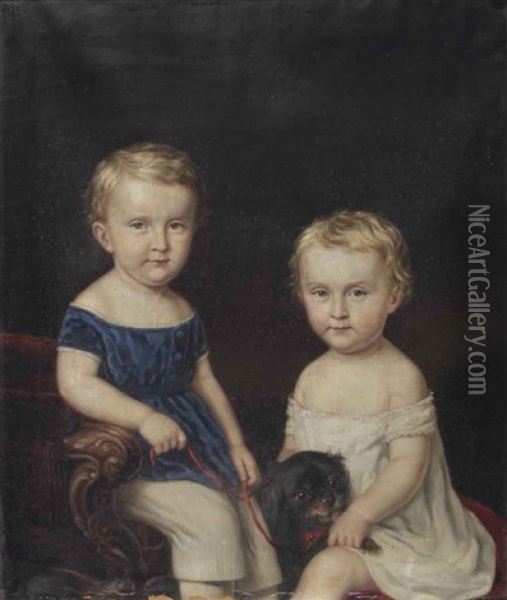 Portrait Of Two Young Children With Their Dog, Possibly Ulrich Graf Von Brockdorff-rantzau (1869-1928) And His Twin Brother Ernst Ludwig Graf... Oil Painting - L. Hastenrath