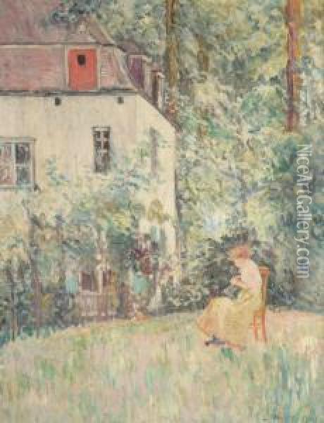 Lady In A Garden Oil Painting - Louis Thevenet