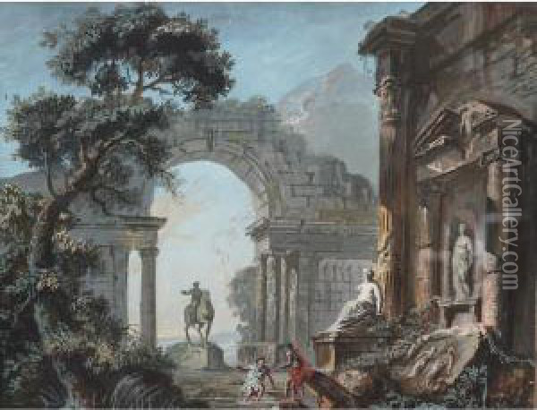 Capriccio Ruins; Seaport With Ruins And Figures Oil Painting - Marco Ricci