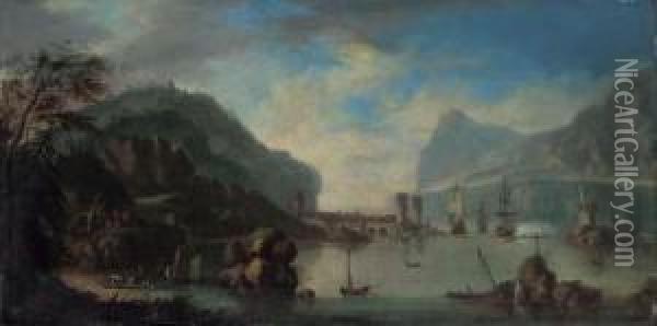 A Rhenish Harbour With A Man-o'-war Firing A Salute Oil Painting - Joris van der Haagen or Hagen