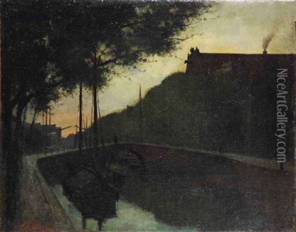 Oude Stad: A Sunset View Of A Canal Oil Painting - Eduard Karsen