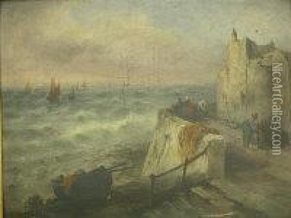 Hourbour Wall With Fisherfolk And Incoming Fleet Oil Painting - S.L. Kilpack