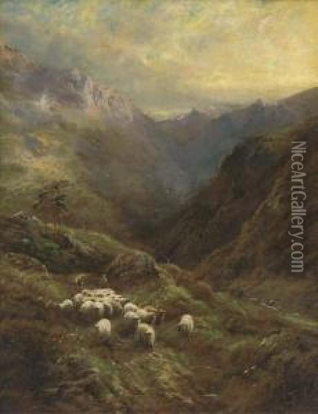 A Shepherd With His Flock In A Highland Landscape Oil Painting - Robert Watson