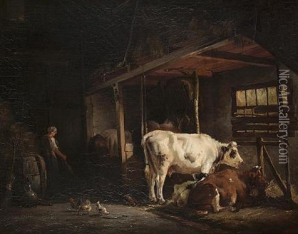 Horses, Cattle And A Farm Hand In A Stable Interior Oil Painting - Anton Mauve