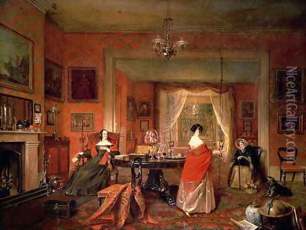 Three ladies in a drawing room interior Oil Painting - Pieter Christoffel Wonder