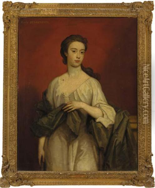 Portrait Of Lady Jenkinson, 
Three-quarter-length, In A White Dress With Green Wrap, Resting Her Arm 
On A Plinth Oil Painting - Sir Godfrey Kneller