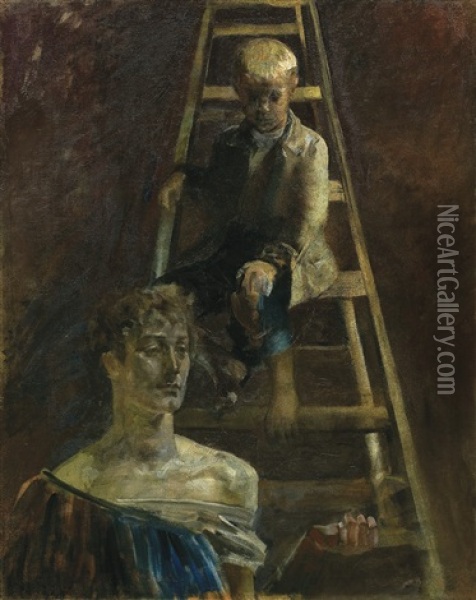 Little Painter And Muse Oil Painting - Jacek Malczewski