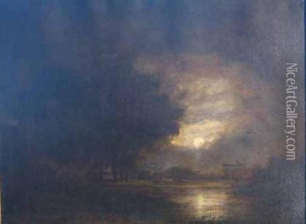 View By Moonlight On The Banks Of The Thames Near Eton Oil Painting - James Stark