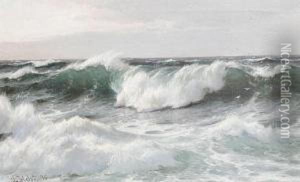 Waves Off The Lighthouse, Biarritz Oil Painting - Lauritz B. Holst