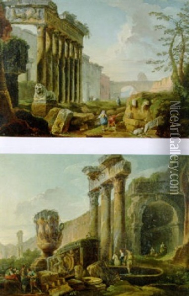 Capriccio Con Il Pronao Di Un Tempio Ottastilo, Altre Rovine E Astanti Oil Painting - Hubert Robert
