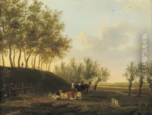 Cattle In A Sunlit Meadow Oil Painting - Leendert de Koningh
