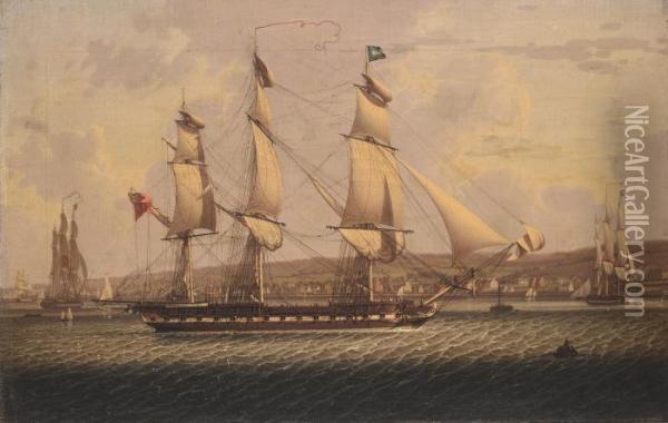 A Man-of-war Of The Red 
Squadron, Departing The 'tail Of The Bank' Anchorage On The Clyde Oil Painting - Robert Salmon