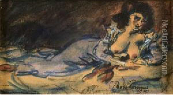 Femme Allongee A La Robe Bleue Oil Painting - Leon Bonhomme