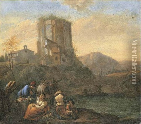 An Italianate River Landscape With Peasants Resting On The Way To Market, A Ruined Tower Beyond Oil Painting - Johann Heinrich Roos