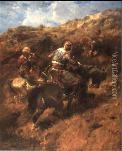 Drei Arabische Reiter Am Berghang Oil Painting - Adolf Schreyer
