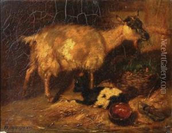 Goat And Kid In A Stall Oil Painting - Nikolaus Moreau